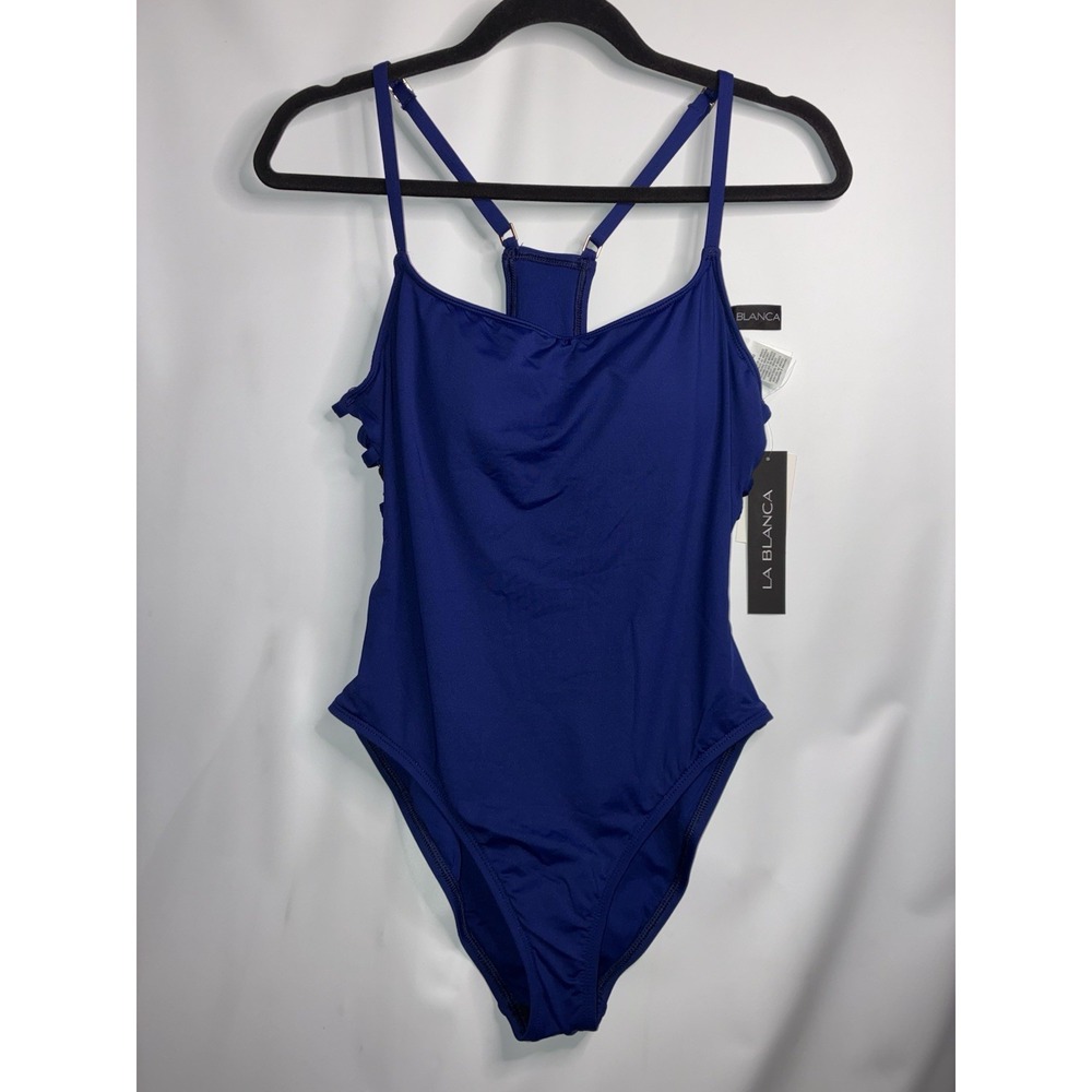 La Blanca Swimsuit Sz 10 US 1 Pc Royal Blue Bathing Suit Strappy Back Racerback